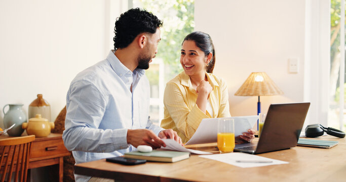 Happy couple, laptop or financial planning with documents in home for budget review or expenses. Man, woman or accounting with paperwork, invoice or computer for finance, audit or bills together