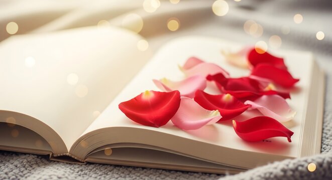 Delicate rose petals adorning an open book, resting on a cozy knitted blanket, creating a serene and romantic atmosphere for quiet reflection or an intimate moment