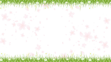 A Serene Nature Themed Background Featuring Green Grass Daisies And Gently Falling Cherry Blossom  © ZeinLens