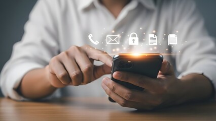 Man using smartphone with digital icons for communication and security