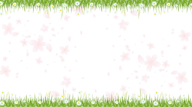A Serene Nature Themed Background Featuring Green Grass Daisies And Gently Falling Cherry Blossom