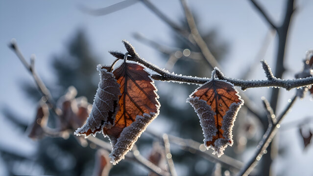 Winter Nature: Frosty Leaves, Snowy Branches, and Quiet Beauty - Powered by Adobe