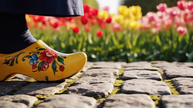 Traditional wooden shoe walking path blooming garden spring season