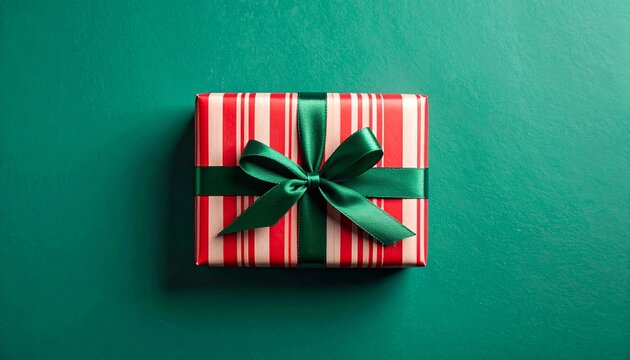 Gift Box Wrapped with Red and White Striped Paper Secured with Green Ribbon Centered on Solid Green Surface Symbolizing Generosity and Festive Season