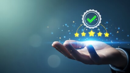 Hand holding a checkmark badge with golden stars floating above it in a dark blue background