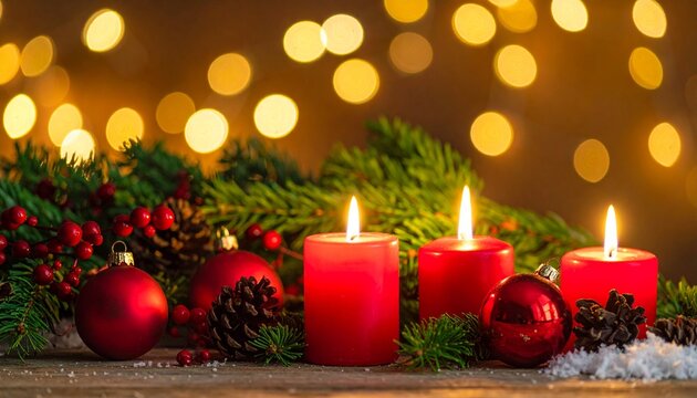 Three burning red candles surrounded by ornaments, pine boughs, berries and pine cones with blurred lights behind for festive, warm, inviting holiday seasonal decor - Powered by Adobe