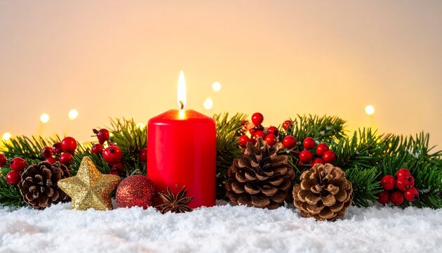 Festive red candle light with evergreen fir branch christmas ornament and pine cones on snow covered surface for holiday decoration bokeh lights exactly 200 characters