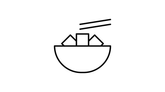 A black and white drawing of a bowl filled with food, accompanied by a pair of chopsticks resting on the side.