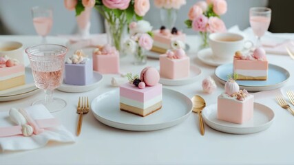 Enjoy a delightful display of pastel cakes and flowers set for a gathering