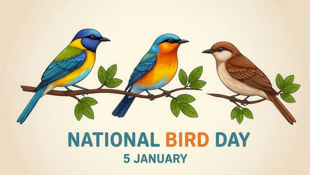 Three colorful songbirds perched on a branch celebrating national bird day on january 5th