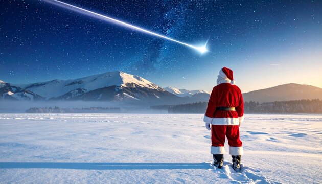 Santa Claus Gazing at Shooting Star Over Snowy Winter Landscape in Scenic Outdoor Scene Symbolizing Wonder and Holiday Spirit in Tranquil Mountain Setting - Powered by Adobe