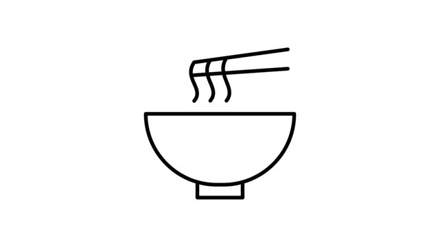 Black and white illustration of a bowl filled with food, accompanied by a pair of chopsticks resting on the side.