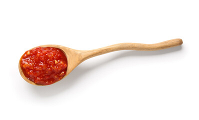 Wooden spoon with tasty tomato sauce isolated on white background, closeup