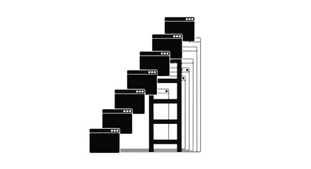 Digital growth visualized with stacked screens ascending a ladder against a clean background