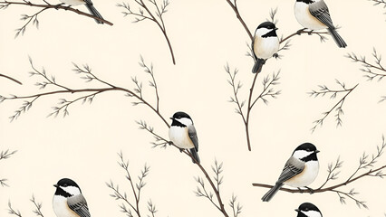 Watercolor chickadees pattern on branches creating a peaceful and serene nature scene
