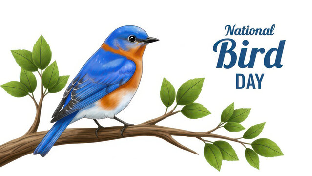 Vibrant blue eastern bluebird perched on a branch celebrating national bird day - Powered by Adobe
