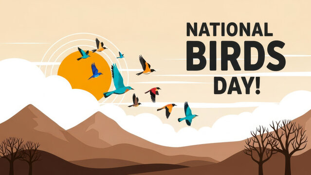 Celebrate national birds day with a flock of diverse birds flying towards a bright sun over mountains