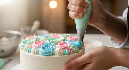 Close-up of hands decorating a white round cake with colorful frosting using a piping bag, creating beautiful rosette patterns.