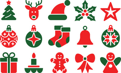 Christmas icons set red green flat design tree reindeer