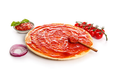 Raw dough for pizza, bowl of tasty tomato sauce and ingredients isolated on white background, closeup