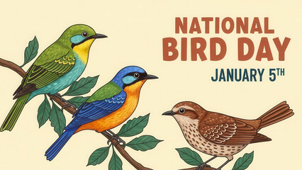 Celebrate national bird day january 5th with a charming illustration of three colorful birds perched on a branch