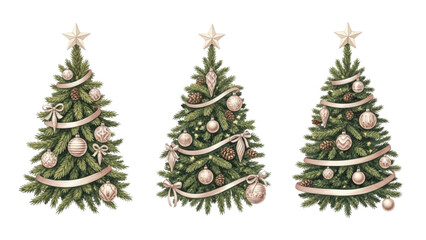 Watercolor Christmas Tree Set with Ribbons Pine Cones and Ornaments Holiday Illustration