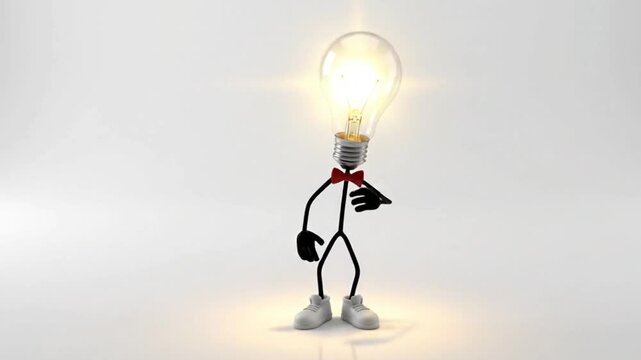 Conceptual 3d stick figure character with a glowing light bulb for a head thinking or having an idea isolated on white background