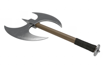 Double bladed battle axe with silver metal head and brown wooden handle wrapped in dark cord isolated on a transparent background