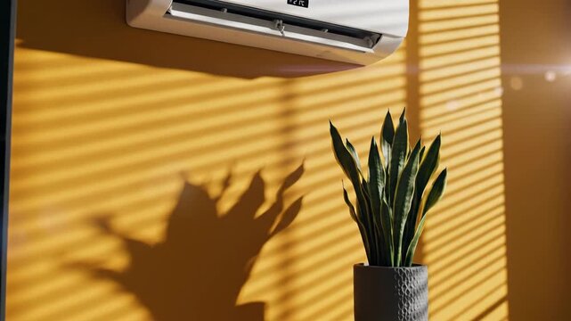 Modern air conditioning unit displaying temperature on a vibrant yellow wall with striped sunlight shadows and green plant indoors
