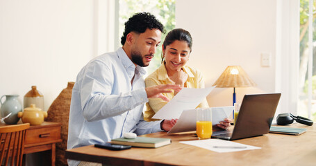 Happy couple, laptop or finance review with documents in home for budget planning or expenses. Man,...