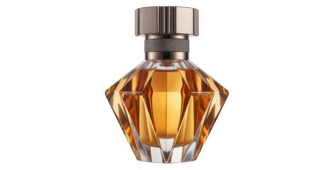 Faceted glass perfume bottle with amber liquid and metallic cap isolated on a transparent background