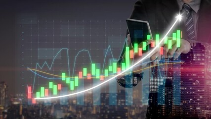 A businessman examines financial data on a smartphone while presenting growth trends with modern graphs. Ideal for topics on finance, business development, and technology. Copula - Powered by Adobe