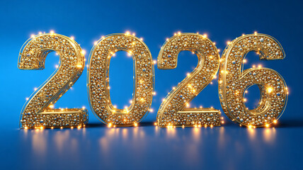 Festive gold numbers 2026 glowing on vibrant blue gradient background