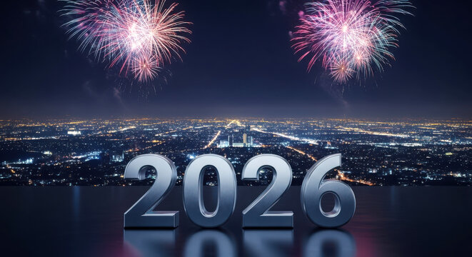 2026 silver numbers over sparkling city skyline with vibrant fireworks