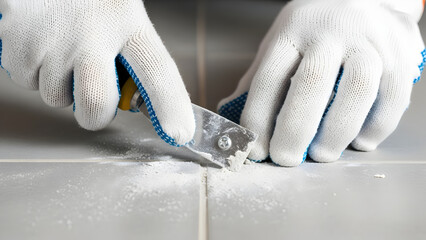 hand in glove, Worker fills tile joints with grout using trowel and white powder. Close-up on hands with gloves, completing bathroom renovation project with precision and care.