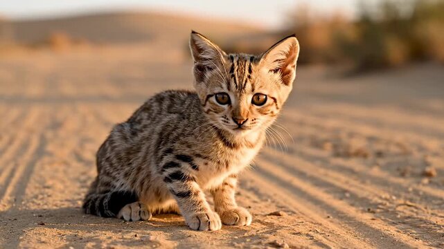 Small tabby kitten with striped fur sitting on dry sandy ground in natural sunlight