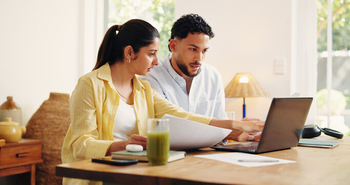 Home, finance and couple with laptop, conversation and online reading with savings. Apartment, discussion and man with woman, paperwork and pc for retirement funding, mortgage and investment plan - Powered by Adobe