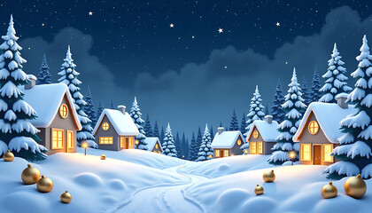 Fototapeta premium Cozy Winter Village at Night with Snow and Golden Ornaments