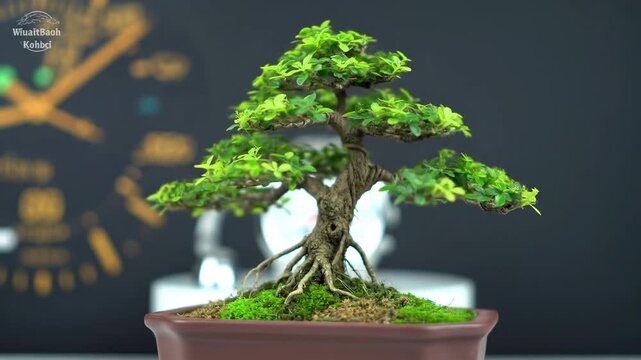 Miniature potted green tree with detailed roots and lush foliage