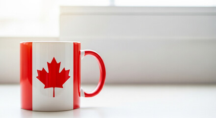 Canadian flag mug on white background with soft lighting