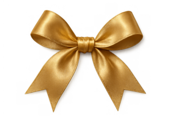 Gold satin gift bow with elegant ribbon for celebration and present packing, transparent background
