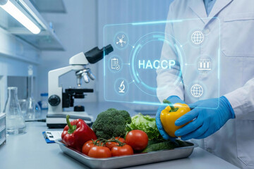 Agricultural scientist holding yellow pepper in laboratory with digital HACCP network interface for vegetable quality analysis and nutritional research