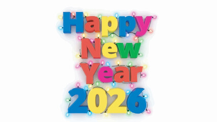 Obraz premium Happy New Year 2026 colorful 3D text isolated on white background with holiday string lights