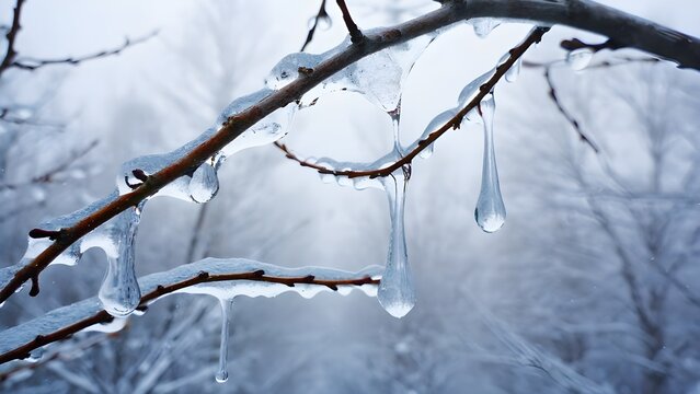 Icicles hang from tree branches on a cold winter day after an ice storm