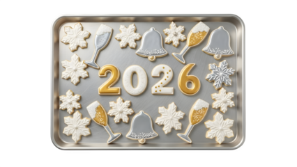 New Year 2026 Cookies on Baking Sheet, isolated on transparent background