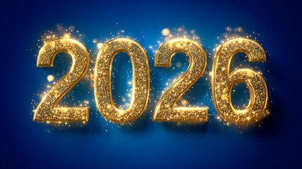Festive gold numbers 2026 glowing on vibrant blue gradient background