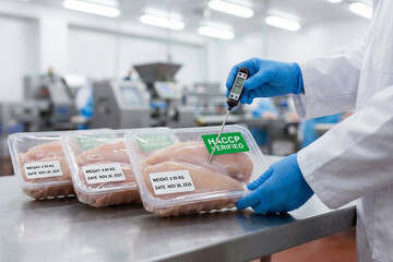 Quality inspector measuring internal temperature of raw chicken breast packs with digital probe thermometer for HACCP verification in food processing plant