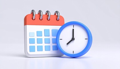 A 3d icon of a wall clock and calendar shows the business concept of an office deadline with hours, minutes, and seconds visible on the watch dial