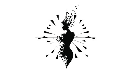 Abstract silhouette of a woman dissolving into digital particles against a geometric burst