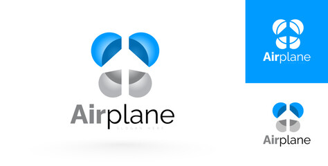 Airplane logo circles plane silhouette vector blue and white background